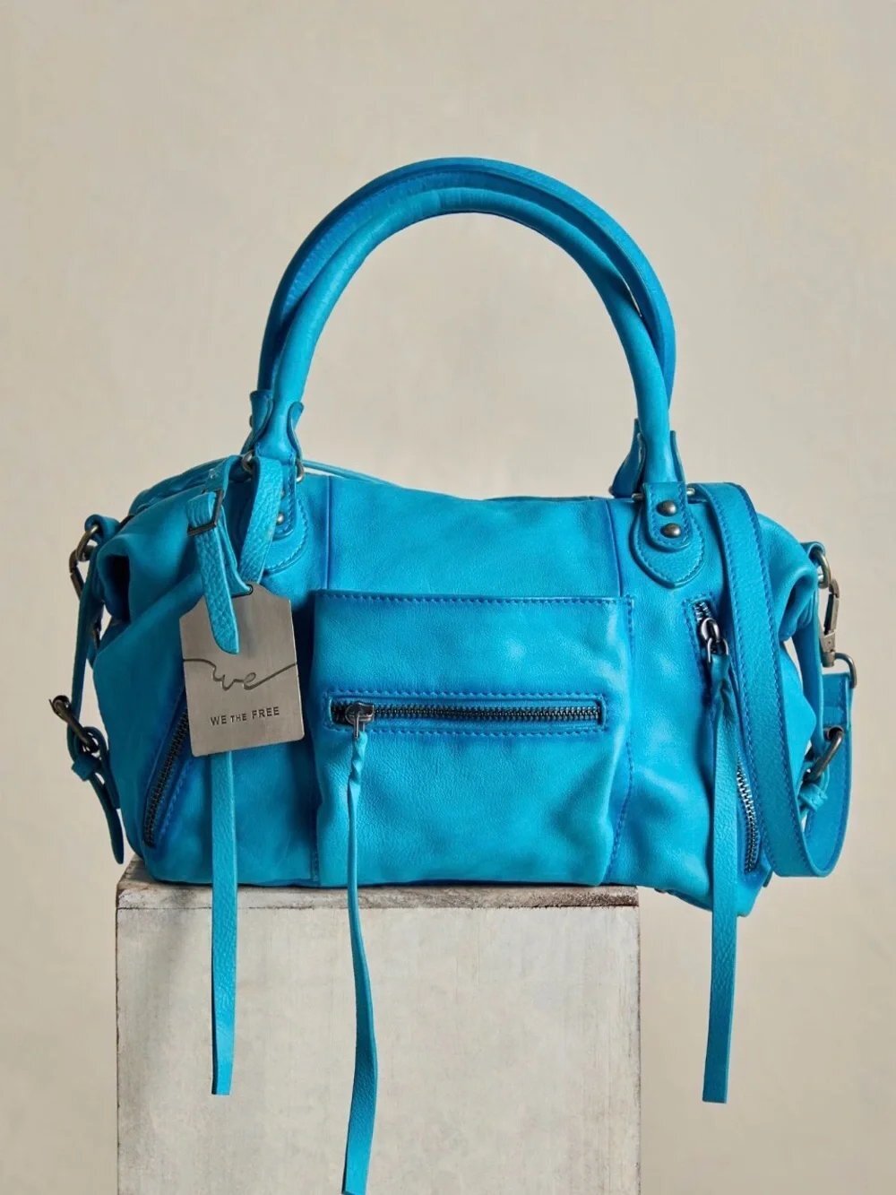 We The Free Baby Emerson Tote Bag Cerulean Blue Leather Slouch Crossbody Satchel